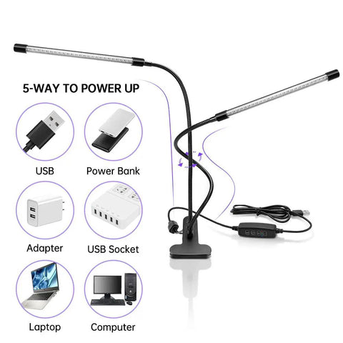 Dual Head UV Light With USB Power, 395nm To 405nm Dimmable Black Light Lamp, clip-on design with power options displayed