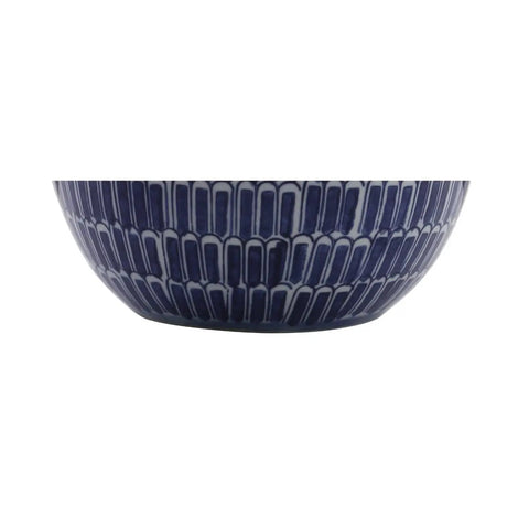Close-up of navy ceramic scallop design base of Navy Ceramic Hand Painted Scallop Sphere Table Lamp With White Linen Drum Shade.