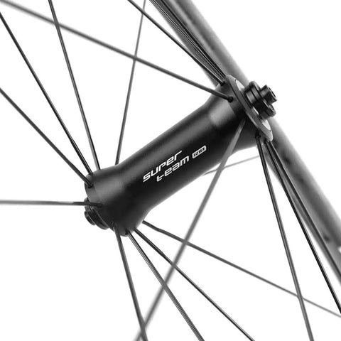 Close-up of R18 hub on 50mm Carbon Wheelset Ride Ready For Road Bikes 700C Tubeless Ready With R18 Hub 25mm Inner Rim Black UCI Approved EN Certified