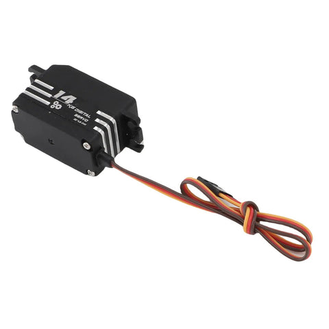 Heavy Duty Digital Servo Motor With 14kg Sick Torque And Fluid 180 Degree Rotation For RC Trucks Robots And Boats featuring black casing and connected wires.