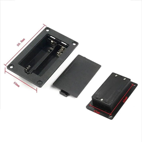 Top Tier Dual 18650 Battery Holder For 7.4V 2 Cell Power Packs, black chassis mount case, dimensions 99x60mm and compartment details.