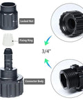 Quick Fix Garden Hose Repair Kit With Plastic Male And Female Connectors To Seal Leaks, Join Pipes, And Boost Water Pressure In Your Irrigation System Today. 3/4 inch connector parts, black plastic, exploded view