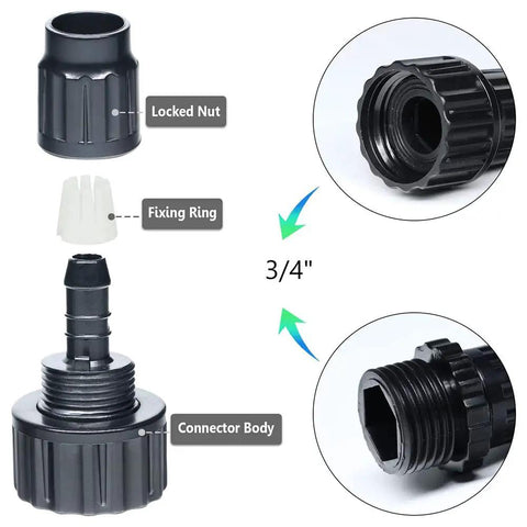 Quick Fix Garden Hose Repair Kit With Plastic Male And Female Connectors To Seal Leaks, Join Pipes, And Boost Water Pressure In Your Irrigation System Today. 3/4 inch connector parts, black plastic, exploded view