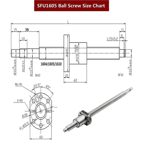 SFU1605 Ball Screw size chart with detailed dimensions for CNC Machining, showcasing high stiffness steel and stabilizing features.