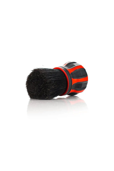 Screwball Detail Brush With Easy Hold Non Slip Rubber Grip For Safe Paint And Interior Cleaning Perfect For Grilles Emblems Trim And Tight Crevices Ultra Soft Bristles Includes Storage Stand Red, red and black brush side view