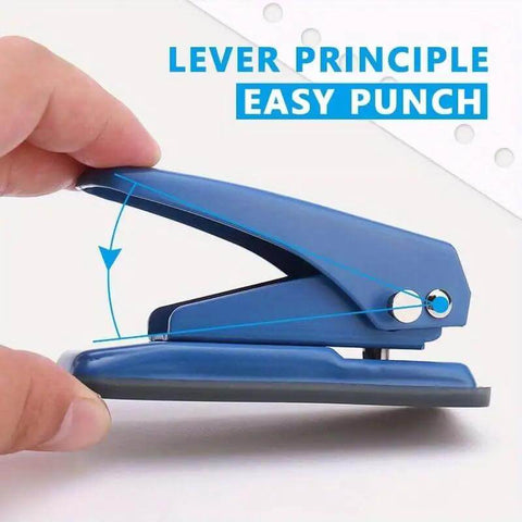 Heavy Duty Single Hole Puncher With One Quarter Inch Hole Twenty Sheet Capacity Metal Construction Skid Resistant Base works on paper.