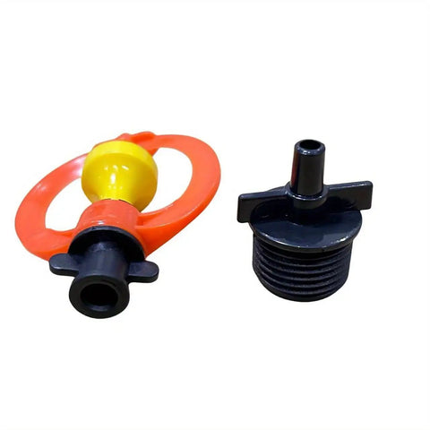 Close-up of yellow and orange part of the 10 Set Half Inch Orange Drip Irrigation Kit with misting dripper and connector