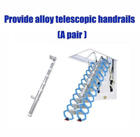 Premium Slick Remote Operated Electric Attic Stairs With Heavy Duty Handrails Custom Fold Down Telescopic Ladder And Easy Peasy Ceiling Hatch Kit For No Sweat Home Access with alloy handrails close-up.