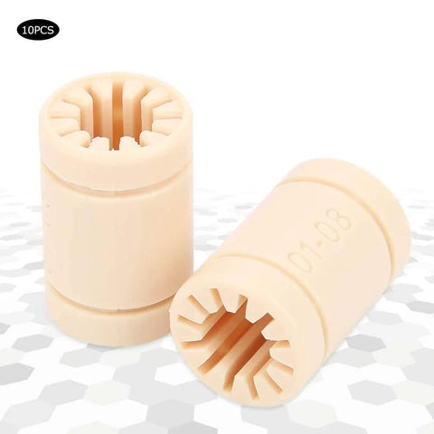 LM8UU Bearing Plastic Linear Bushing Set For 3D Printers, 10 Pieces, 8mm ID 16mm OD, close-up view showing details and grooves.