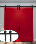 Heavy Duty 19Ft Barn Door Track Hardware Kit With Buttery Smooth Gliding Wheels For Double Doors Matte Black Finish, installed on red double doors.