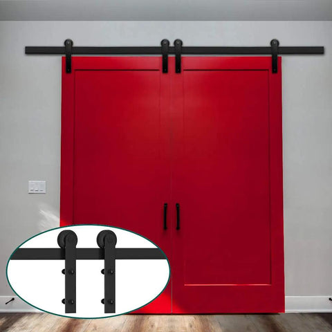 Heavy Duty Double Track Sliding Barn Door Hardware Kit on red doors showcasing matte black steel finish and smooth slide.
