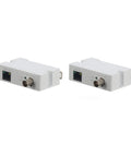 Super Smooth Single Port Ethernet Over Coax Extender Kit That Gets Your Network Going Strong Up To Three Thousand Feet Along Standard Rg59 Wiring Without Any Sweat Or Fuss, featuring two white adapters.