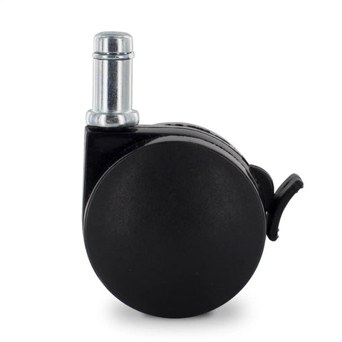 Built Tough 2 Inch Black Twin Wheel Swivel Furniture Casters With Brake, side view with friction stem, fits 7/16 by 7/8 inch. Pack of 4.