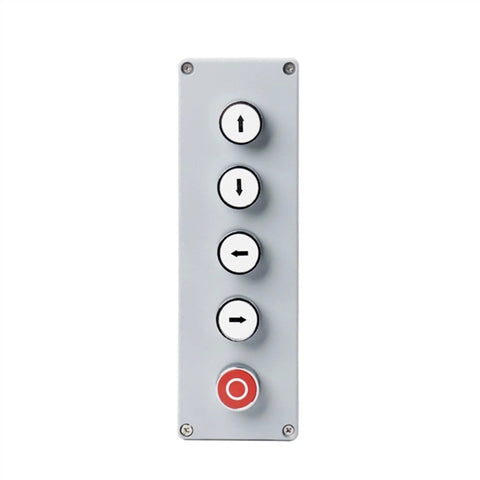 Gray metal five-button push-panel with four white arrow buttons and a red emergency stop button, front view.