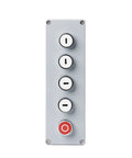 Metal push-button control panel, front view, with five buttons: four directional arrows and red emergency stop.