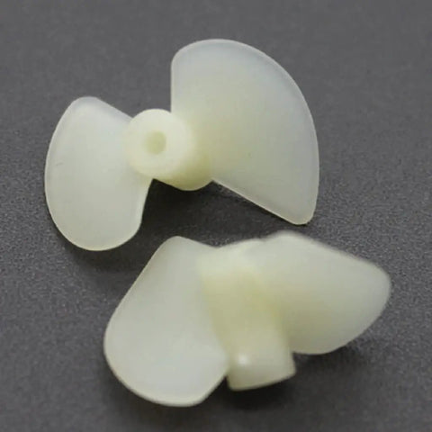 White Nylon 2 Blade RC Boat Propellers, 22mm Diameter, 10 Pairs For 2mm Shaft, Includes CW And CCW Props, Durable Model Ship Props For DIY Fans, Easy Install And Smooth Performance. Close-up view of two propellers on dark background, showcasing the dual blade design and nylon material suitable for model ships.