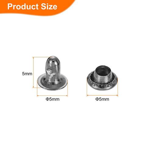 Heavy Duty 100 Pack 5 Mm Carbon Steel Single Cap Rivets With Kickass Round Head Durability And Smooth Gunmetal Coating close-up showing 5mm size.