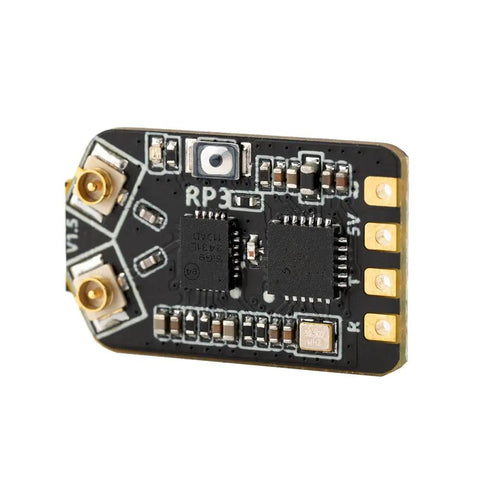 Close-up of RP3 ELRS Nano Receiver For FPV Drones 2.4GHz ExpressLRS module, showing electronic components and connectors.