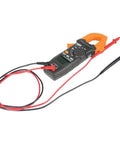 Clamp Meter Electrical Test Kit With Auto Ranging, Measures AC Current Up To 400 Amps, Backlit Display, Includes GFCI Tester, Line Splitter, Pouch, Leads, And Three AAA Batteries on a white background