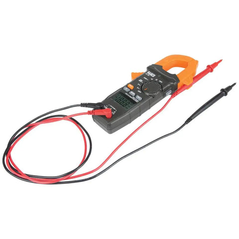 Clamp Meter Electrical Test Kit With Auto Ranging, Measures AC Current Up To 400 Amps, Backlit Display, Includes GFCI Tester, Line Splitter, Pouch, Leads, And Three AAA Batteries on a white background