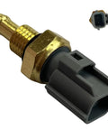 Coolant temperature sensor with brass threaded body and gray plastic 2-pin connector (close-up view)