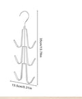 2 Pack Closet Purse Hangers, Game Changer Handbag Organizer Rack, silver rotating hooks with dimensions for storing bags.