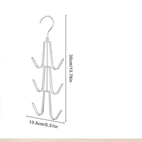 2 Pack Closet Purse Hangers, Game Changer Handbag Organizer Rack, silver rotating hooks with dimensions for storing bags.