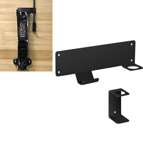 Heavy Duty Jack Stand Wall Mount For Floor Jacks And Stands Universal Fit Car Hydraulic Trolley Holder Truck Bed Mount Trailer Garage Storage Rack Sturdy Steel Easy Install Keeps Your Jacks Ready displayed in three parts, including a mounted jack on a wooden surface.