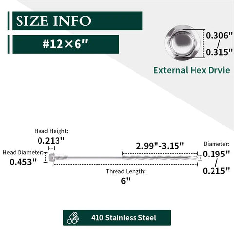 Rock Solid Size 12 X 6 Inch Hex Washer Head Self Drilling Screws Pack Of 20 showing size specifications for 410 stainless steel tek fasteners.