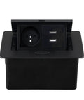 Hidden Pop Up Desktop Socket With Slick Aluminum Panel And Dual USB Charging Ports For A No Fuss Office Setup That Keeps Everything Clean And Functional In Black, showing open view.