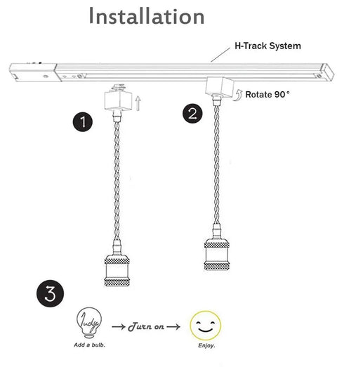 Three Light H System Track Mini Pendant Kit In Pearl Black Finish With Rose Braided Fabric Cord installation guide