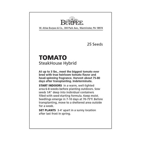 Seed packet of SteakHouse Hybrid Beefsteak Tomato Seeds For The Backyard Gardener Huge 3 Lb Fruits Non GMO Indeterminate Vines
