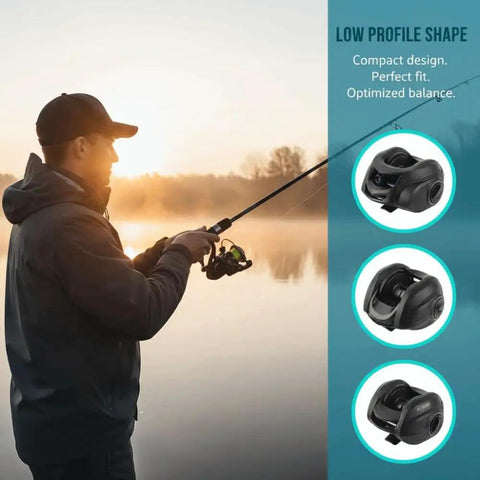 Angler using Low Profile Fishing Reel With Nylon Spool, 8 Kg Drag, 7.2:1 Gear Ratio, Smooth Casting For Freshwater And Saltwater