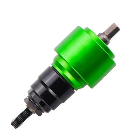 Transform Your Drill Into A Riveter With This Killer Adapter Kit Including Mandrels And Nuts For Effortless Fastening On Any Heavy Duty Project Right Now. drill riveter adapter with green and black metal body, mandrel and threaded nut attachment