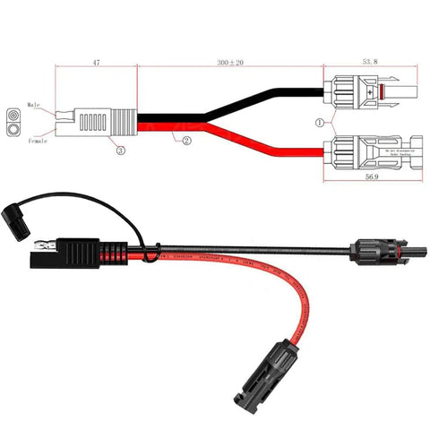 Diagram and photo of 10AWG Solar Panel Connector Cable SAE to MC4 Adapter PV Extension showing connectors and wire layout.