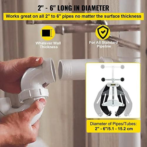 VEVOR pipe clamp, 2–6 in diameter, white plastic body with quick-acting screws, installed on a pipe