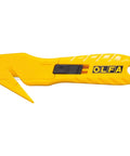 Concealed Blade Safety Knife With Protected Blade For Tape Slitting And Packaging Tasks 4mm Throat Delivers Continual Safe Blade Exposure And Easy One Hand Use For Shipping Warehousing And DIY Jobs. yellow OLFA safety knife with 4mm throat