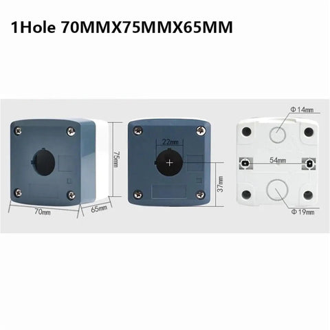 Rugged 22mm Waterproof Button Junction Box IP65 Enclosure with 1-hole, front and side view, dimensions 70mm x 75mm x 65mm for control panels.