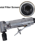 Heavy Hitter 90 Degree Angle Sander With 2000 RPM Variable Throttle And Inline Regulator Compact Pneumatic Mini Grinder showing metal filter screen.