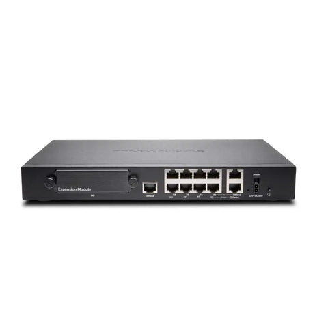 Rear view of TZ600 Dual Band Business Router With 8x5 Support, showing multiple Ethernet ports and expansion module slot.