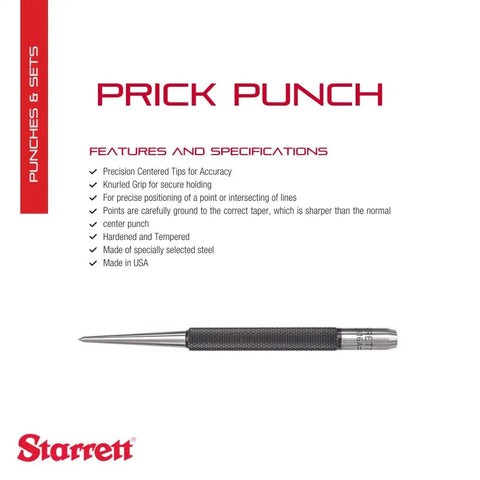 Knurled Grip Prick Punch For Precise Marking And Hole Start In Wood And Metal, 4 Inch Length, 5/64 Inch Tapered Diameter, Hardened Steel