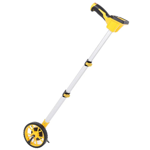 Digital Display Measuring Wheel Distance Measure With Backlit Multifunction, portable design, adjustable aluminum handle, yellow and black.