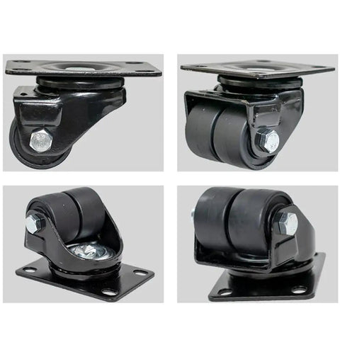 Heavy Duty Swivel Caster Wheels Equipped With Reinforced Steel Plates Built Like A Tank To Haul Up To Four Hundred Fifty Kg Loads Smooth Rolling Action Perfect For Shop Carts And Industrial Racks Set Of Four, showing multiple angles.
