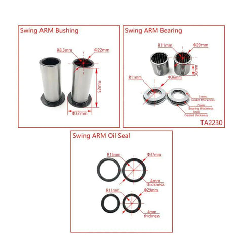 All In One Motorcycle Swing Arm Repair Kit With Needle Roller Bearings Bushings And Oil Seals For DRZ400 Series RM125 And RM250 Plug And Play DIY Friendly Maintenance Kit For Smoother Ride And Long Lasting Performance, dimensions shown