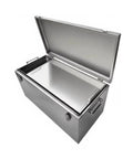 Industrial Grade Badass Rolling Tool Chest Stainless Steel Shop Rig For Garage Storage And Professional Mechanic Organization With Security Latches And Roller Wheels with open lid showing interior.