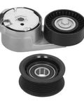 Must-Have Drive Belt Tensioner And Idler Pulley Kit That Fits Ram Caravan 2011 To 2019 With 3.6L V6 Engine shown from an angled view.