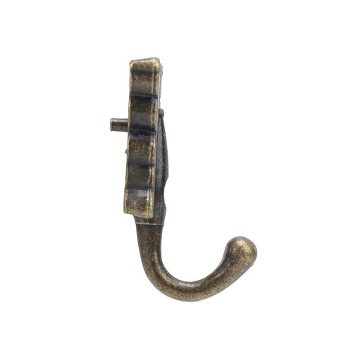 5 Piece Heavy Duty Vintage Wall Coat Hooks With Pre Drilled Holes And Mounting Screws showing a single zinc hook with a curved end.