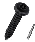 Trusted Shop Gear 100 Pack 10 X 1 Inch Black 304 Stainless Steel Security Torx Pan Head Sheet Metal Screws With T25 Bit, close up.