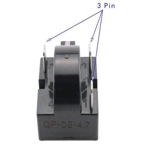 Fridge Compressor Starter Relay Kit 4.7 Ohm 3 Pin PTC Relay With Overload Protector Replacement Pack showing black 3-pin design