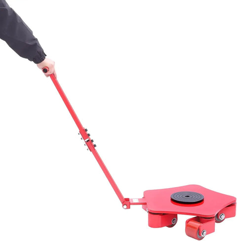 Heavy Duty Machine Skates Built Like A Tank With Three Swivel PU Rollers For Rock Solid 360 Maneuvers Warehouse Moves That Flow Like Butter Seamless Transportation Up To 4409 Pounds Capacity Red being manually operated with a red handle.